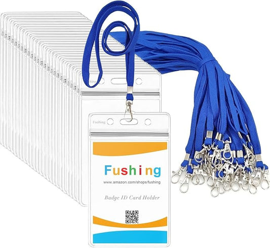 Fushing 50pcs Clear Plastic Vertical Name Tags Badge ID Card Holders and Blue Neck Lanyards with Swivel Hook for School, Festival, Event (M)