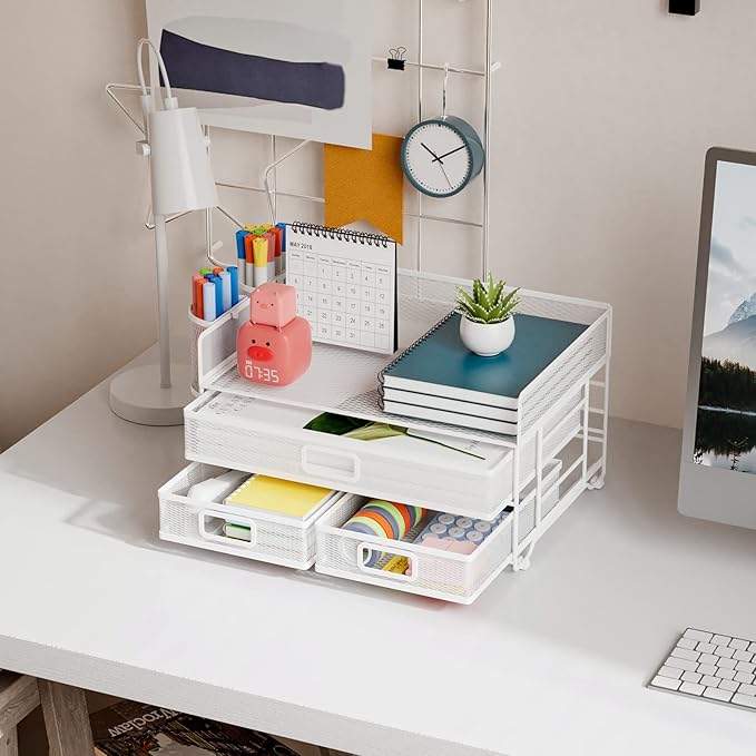 Marbrasse 3 Tier Mesh Desk Organizer with Drawer, Multi-Functional Desk Organizers and Accessories, Paper Letter Organizer with 2 Pen Holder for Home Office Supplies - White