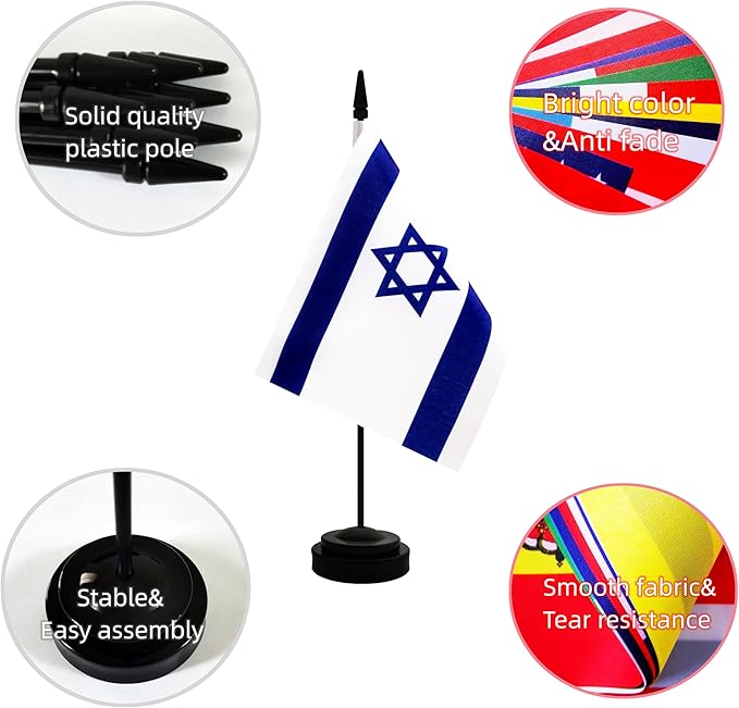 2 Pack Israel Desk Flag, Israeli Table Office Flag with Solid Pole and Stand Base, International Country Flag, Festival Celebration, Classroom Meeting Desktop Decoration (Israel)