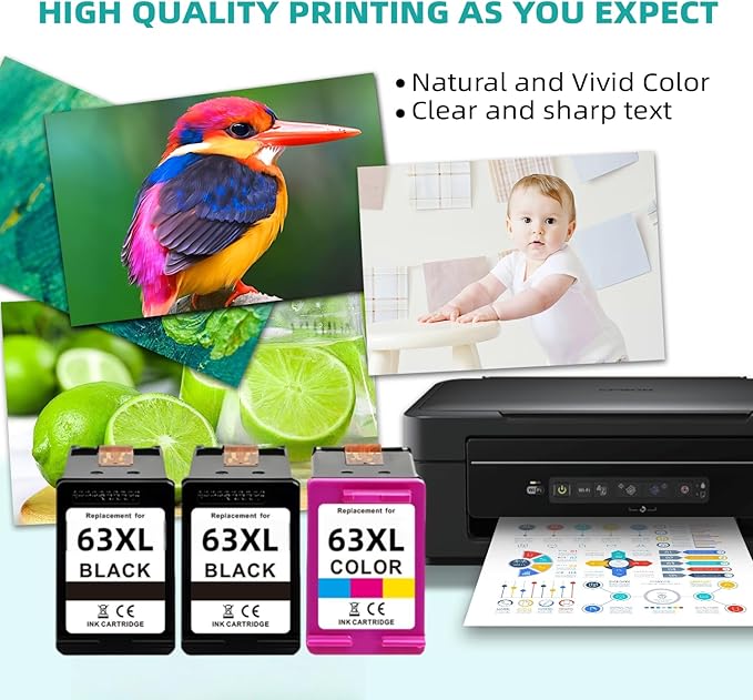 63XL Ink Cartridges Replacement for HP 63 XL Black Color Combo 3-Pack Work with 4520 3830 4650 5258 5255 4652 4655 4512 4510 46543630 3632 3634 3833 3631 5200 5252 2132 2130 1112 Printers