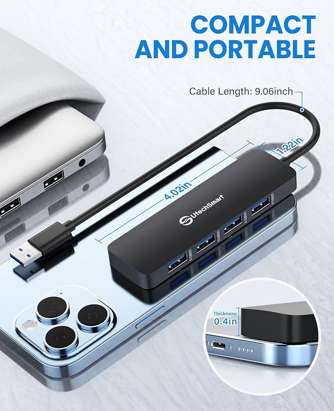 UtechSmart USB 3.0 Hub, 4 Port USB Hub Splitter with 5 Gbps Data Transfer, USB Expander Compatible for MacBook Pro 13/14/15/16, New Mac Air/Surface, ChromeBook, Multiport Charging & Connecting Adapter