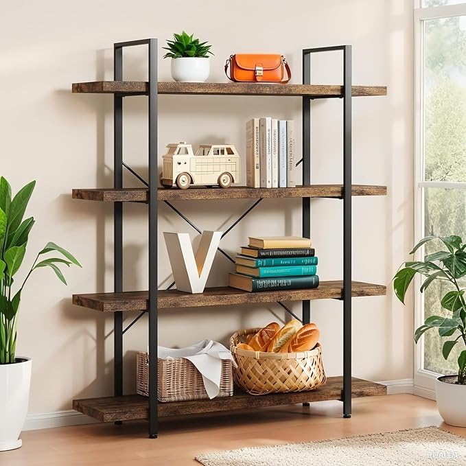 4 Tier Bookcase, 47 Inch Wide Wood Bookshelf, 120lbs Shelf Capacity, Rustic Open Shelving Industrial Display with Reinforced Horizontal Brown Shelves for Living Room Bedroom Office