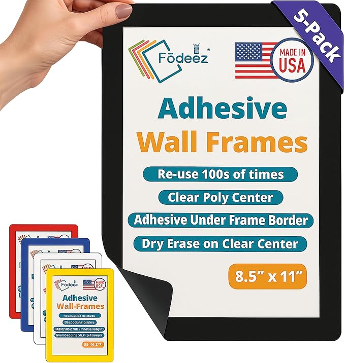 8.5 x 11 Adhesive Wall Frames - Peel & Stick Picture Frames, Wall Sign Holder, Paper Protector Sheets, Certificate Holders, Reusable Picture Frame, Dry Erase, Non Magnetic - Primary, Pack of 5