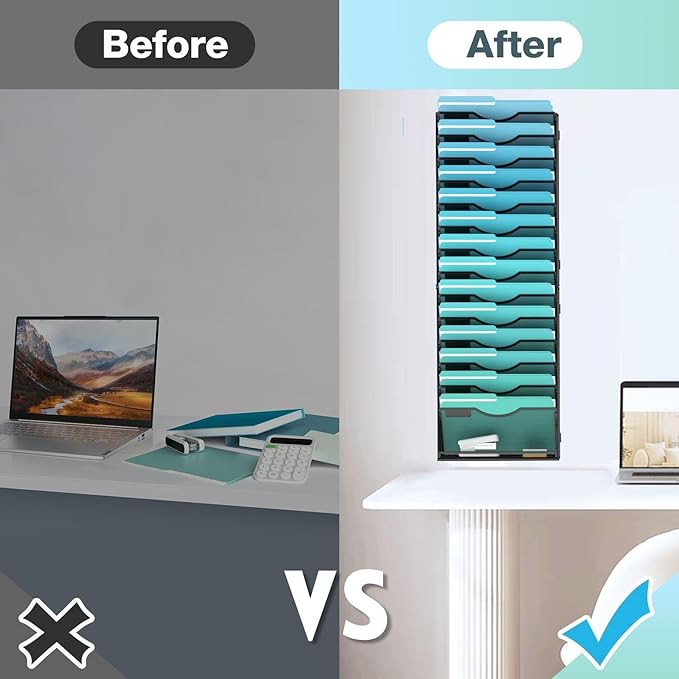 15-Tier Wall File Organizer Hanging Wall File Holder Wall Mount Paper Folder Organize, Mesh Magazine Document Mail Organizer Wall Organizer for Office School Home, Black