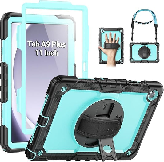 SEYMAC Case for Samsung Galaxy Tab A9+/ A9 Plus 11" (SM-X210/X216/X218), Heavy Duty Shockproof Protective Case with Screen Protector, Rotating Stand and Hand/Shoulder Strap, Light Blue