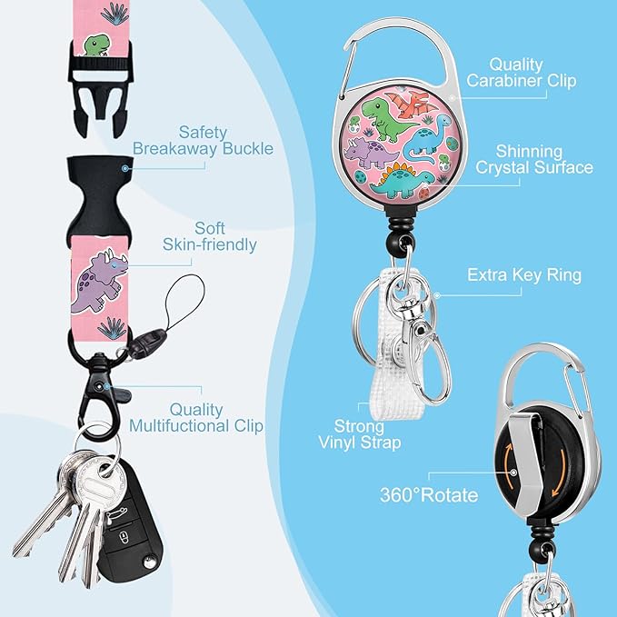Cartoon Dinosaur Badge Reel Retractable Heavy Duty with 360° Swivel Carabiner Clip,Cute ID Badge Holder with Detachable Lanyard, ID Card Holder Keychain Name Badge Clip, Nurse Teacher Gifts