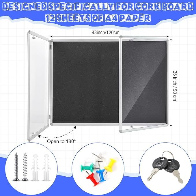 Enclosed Bulletin Board 48" x 36" Weather Resistant Lockable Notice Cork Display Board Wall Mounted 2 Locking Door for School Classroom Commercial Back to School, 12 x A4(Black, Silver Frame)