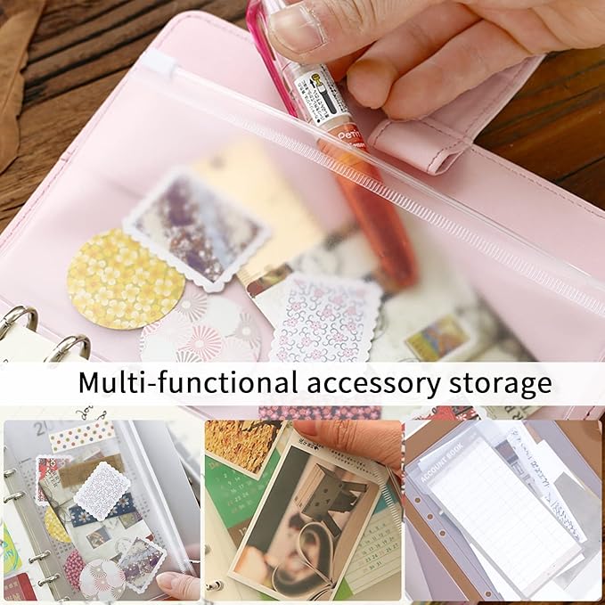 Binder Pockets, 20pcs A5 Size 6 Holes Binder Pockets, [Waterproof PVC Pouch] Premium Clear Binder Zipper Folders Document Filing Bags for 6-Ring Notebook Binder Loose Leaf Bags,-Clear