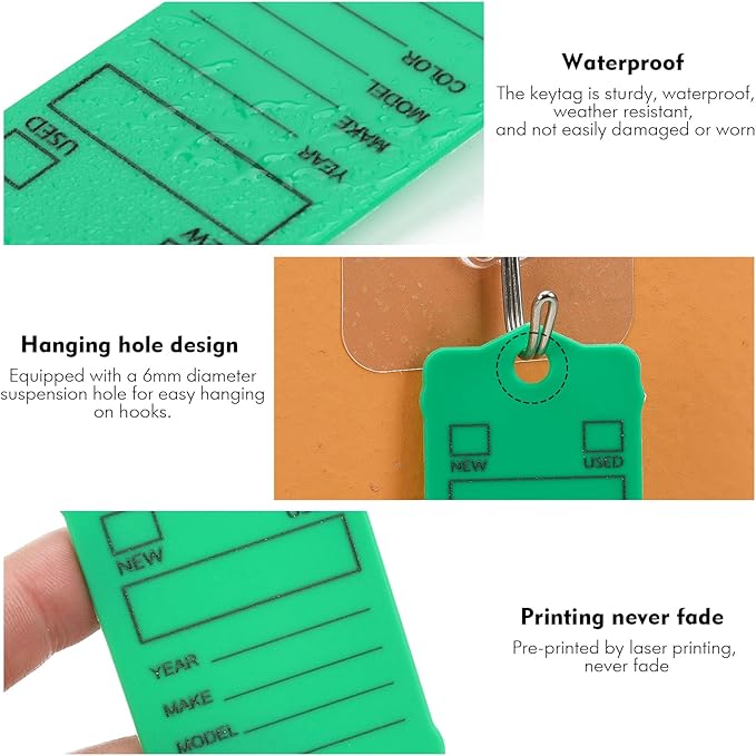 100 Car Key Tags with Labels Plastic Car Dealership Key Tags Self Locking Automotive Identifiers Blank Shop Labels with One Pen (Green)