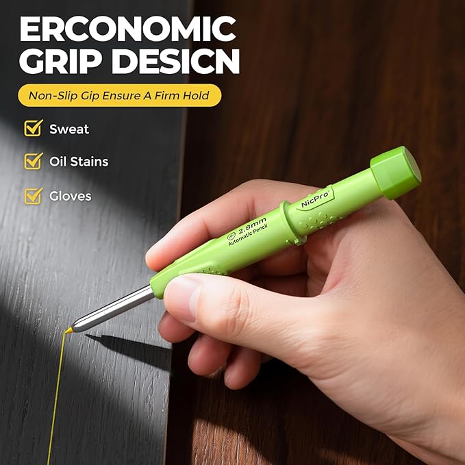Nicpro CP3000 Carpenter Pencil with Sharpener, 2.8 mm Mechanical Pencils with 19 Refills, Deep Hole Marker for Construction, Heavy Duty Woodworking Pencil, Carpenter Tools for Architect Marking(Green)