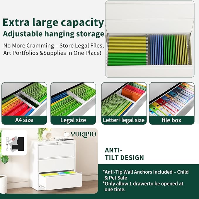 Lateral File Cabinet with Lock, 3 Drawer Metal File Cabinets for Home Office, Large Filing Storage Cabinet Printer Stand, Steel Wide File Cabinet for Legal/A4/F4/Letter Size Files, White
