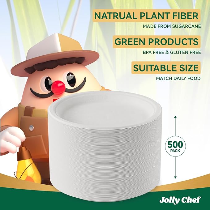 JOLLY CHEF Compostable Heavy Duty Plates 𝟭𝟬 𝗜𝗻𝗰𝗵 [𝟱𝟬𝟬 𝗣𝗮𝗰𝗸] Eco-Friendly Disposable White Paper Plates Made of Bagasse Biodegradable Bulk for Party Dinner Sugarcane Thanksgiving Day