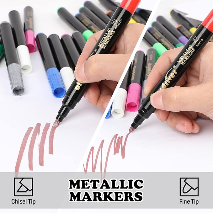 cloudriver Metallic Marker Pens, 48 Count, 12 Assorted Colors, Fine and Chisel Tip, Metallic Marker Pens For Black Paper, Art Rock Painting, Easter Egg, Card Making, Scrapbook Crafts