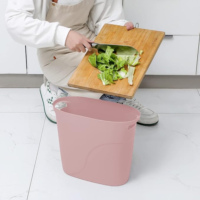 JiatuA Plastic Small Trash Can Slim Waste Basket with Handles 3.2 Gallon Narrow Garbage Container Bin for Bathroom, Bedroom, Kitchen, Home Office Under Desk, Dorm, Laundry Room, Kids Room, Pink