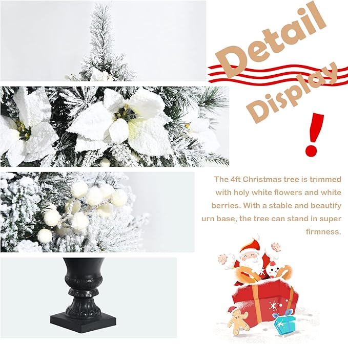 Happygrill 4ft Artificial Christmas Tree Pre-lit Entrance Xmas Tree with 100 LED Lights, Snow Flocked Potted Tree with Flowers & White Berries