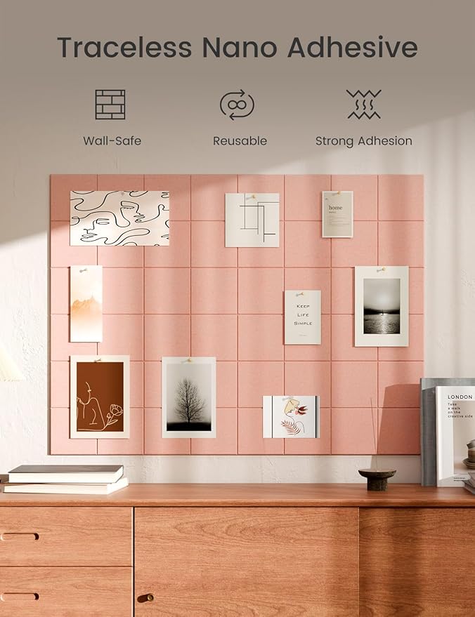 Bumusty Large Cork Board Alternative-47 x35 Felt Bulletin Board Tiles, with 30 Pushpins, 70 Adhesive Tabs, 12-Pack Slat Wall Paneling, Cork Boards for Office Push Pin Board Felt Board-Pink