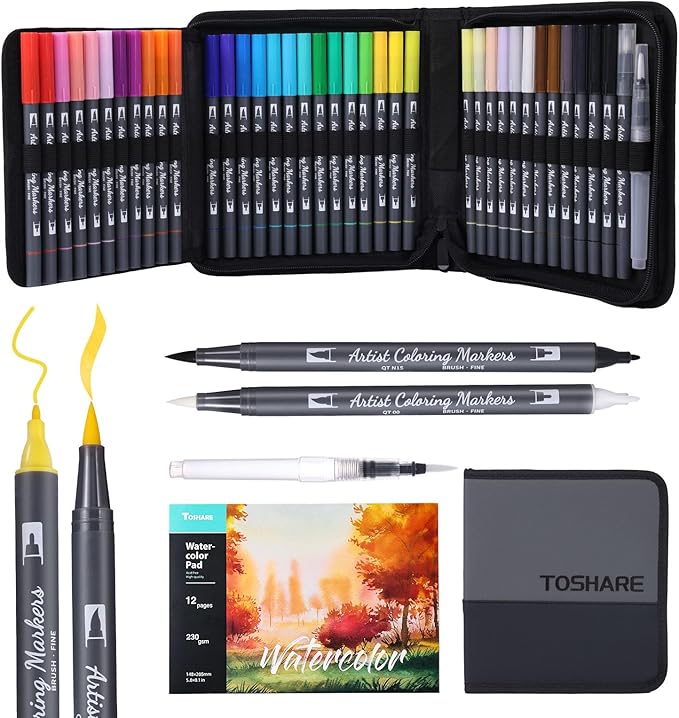 Watercolor Pens Set, 36-Color Dual Tip Paint Markers, Water-Based Coloring Markers with 1 Aquapen, 1 Colorless Blender, 1 Black Marker, and 12-Page Pad, Art Supplies for Artists and Beginners
