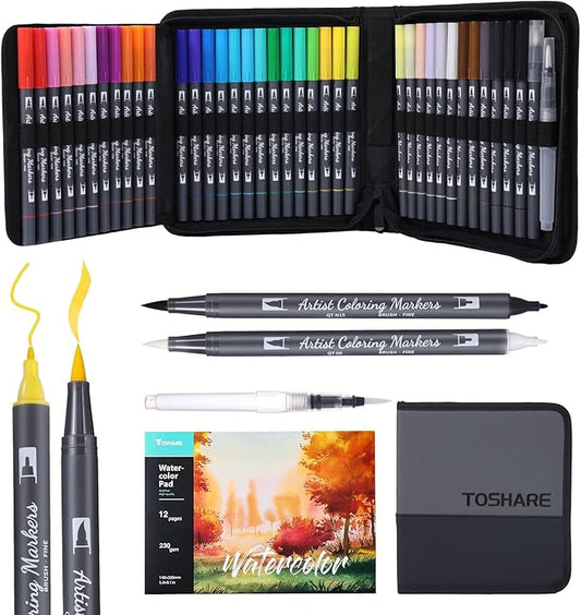 Watercolor Pens Set, 36-Color Dual Tip Paint Markers, Water-Based Coloring Markers with 1 Aquapen, 1 Colorless Blender, 1 Black Marker, and 12-Page Pad, Art Supplies for Artists and Beginners