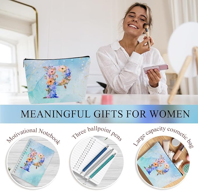 Personalized Gifts Monogrammed Birthday Gifts for Women, Mommy, Female Going Away Christmas, Initial 20 oz Tumbler, Makeup Cosmetic Bag Cup Pens Journal Notebook 6 Set, (Aesthetic Blue Flower P)