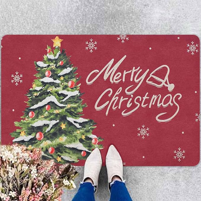 Christmas Doormat Christmas Tree Snowflakes Welcome Mat Farmhouse Floor Mats Outdoor Front Door Mat Front Porch Rugs for Thanksgiving Christmas Indoor Outdoors Decorative, 18" x 30"Inch