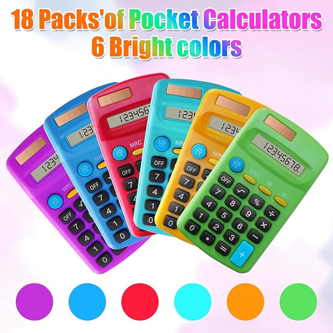 18 Pack Basic Calculators for Students, Pocket Calculator Bulk Classroom Mini Calculators Solar and Battery Dual Powered Handheld Calculator 8 Digit Display for Office School and Home (Colorful)