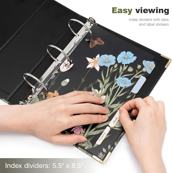 Ospelelf Small Three Ring Binder 2 Inch, Floral Round Ring Clipboard Binder with 5 Tab Dividers, File Folder Labels, for School and Office Supplies