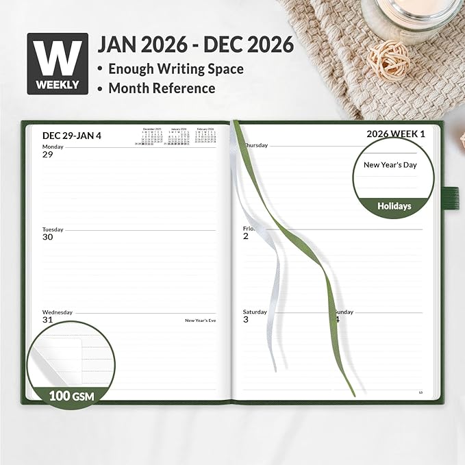 SUNEE 2026 Weekly & Monthly Hardcover Planner 5.5" x 8.3" - 12 Month (January 2026 - December 2026), Small Hardcover Planner, Pocket, Notes, 100 GSM Paper, Deep Green