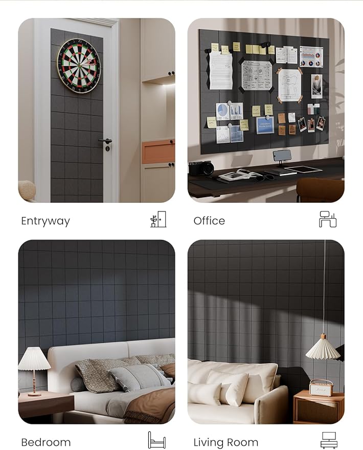 Bumusty Large Cork Board Alternative-47 x35 Felt Bulletin Board Tiles, with 30 Pushpins, 70 Adhesive Tabs, 12-Pack Slat Wall Paneling, Cork Boards for Office Push Pin Board Felt Board-Charcoal Gray