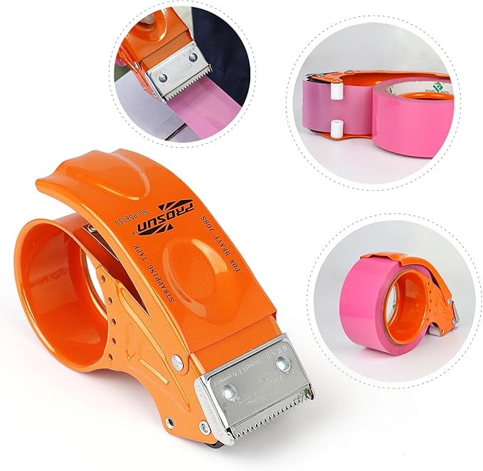 BOMEI PACK Metal Packing Tape Dispenser, 2inch Heavy Duty Handheld Heavy Tape Dispenser, 2Pcs, Orange