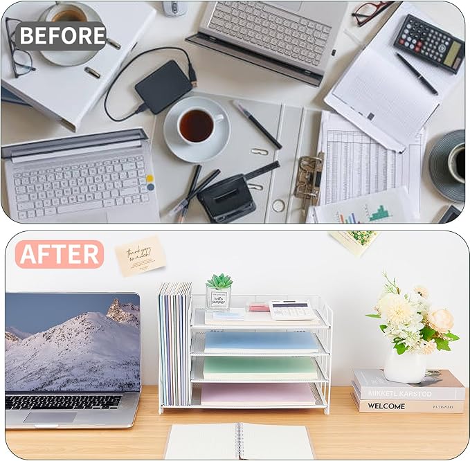OPNCIE 4-Tier Paper Organizer with Magazine Holder, Desk Organizers and Accessories, Office Desk Accessories & Workspace Organizers, Desktop File Organizer for Office Supplies Storage, White