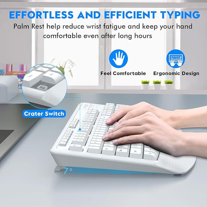 Wireless Keyboard and Mouse Combo, E-YOOSO 2.4GHz Full Sized Ergonomic Wireless Keyboard with Wrist Rest, 3 DPI Adjustable and 6 Buttons Cordless USB Mouse for Computer, Laptop, PC, Windows (White)