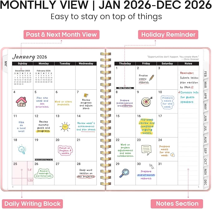 2026 Planner, Weekly and Monthly Calendar Planner Book, January 2026 - December 2026, Hardcover Spiral Planner with Monthly Tabs, Notes Pages, Perfect for Women & Men, A5 (6.4" x 8.5") - Pink