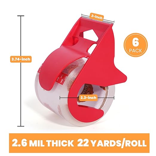 TAPEBEAR No Noise Packing Tape with Dispenser, 2.6mil Thick, 1.88" x 22yd Super Clear Packaging Tape for Book Binding, Carton Sealing, Moving, Shipping, 6 Rolls Tape with 6 Free Dispenser