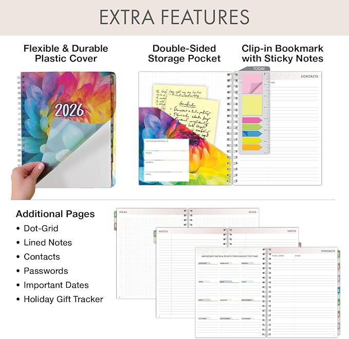 Essential PRO 2026 Daily, Weekly & Monthly Planner, 7"x9": 14 Months (Nov 2025 - Dec 2026) Monthly Tabs,Daily Tracking,Notes Pages,Storage Pocket,Bookmark w Sticky Notes (Rainbow Petals)