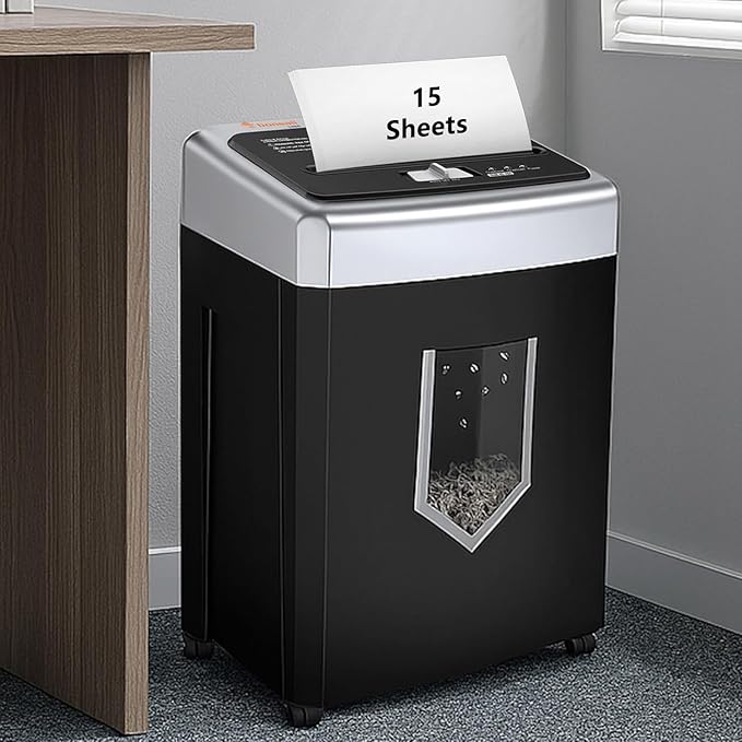 Bonsaii 15-Sheet Cross-Cut Shredder, 40-Min Run Time for Home or Small Office, Shreds CDs, Credit Cards & Staples, 5-Gallon Pull-Out Basket with Clear Window, 360° Swivel Casters – Black