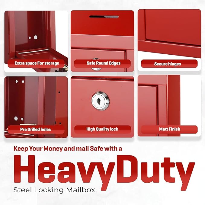 Metal Donation Box-Suggestion Box with Slot and lock-Cash Lock box for Money-Drop Box-outdoor waterproof mailbox and ballot box-comes with pre-drilled holes for easy wall mounting 10 X 6 X 2.5"(Red)