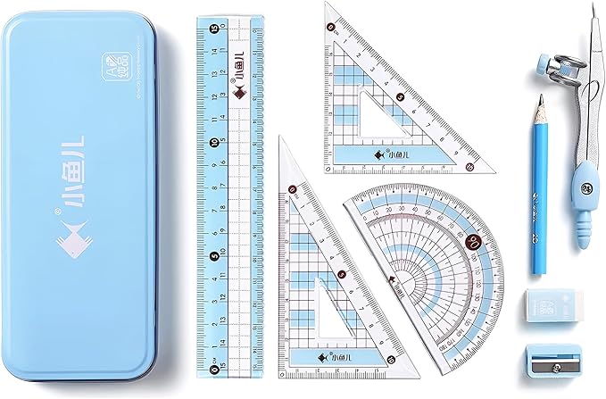 8 Pcs Compass/Math Set for Students with Shatterproof Storage Box, Geometry Set for School, Includes Ruler, Protractor, Compass, Pencil,Pencil Sharpener and Eraser,etc. Perfect Gift