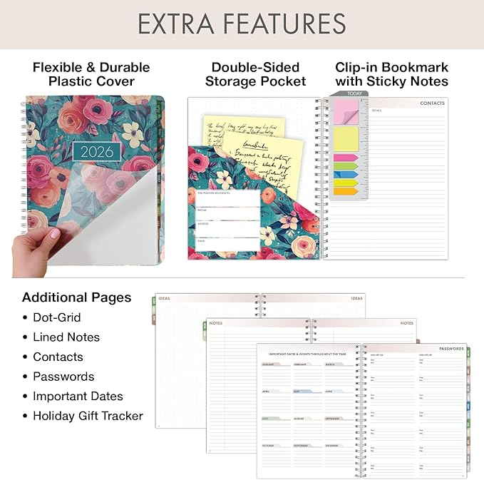 Essential PRO 2026 Daily, Weekly & Monthly Planner, 8.5"x11": 14 Months (Nov 2025 - Dec 2026) Monthly Tabs,Daily Tracking,Notes Pages,Storage Pocket,Bookmark w Sticky Notes (Teal Floral)