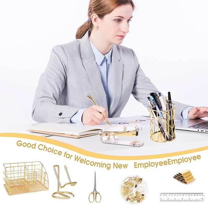 Gold Desk Organizers and Accessories Office Supplies Set Stapler, Pen Holder, Phone Holder, Scissors, Pen, Ruler, 30 Paper Clips, 22 Binder Clip, 20 Tacks and 1000pcs Staples (Gold)
