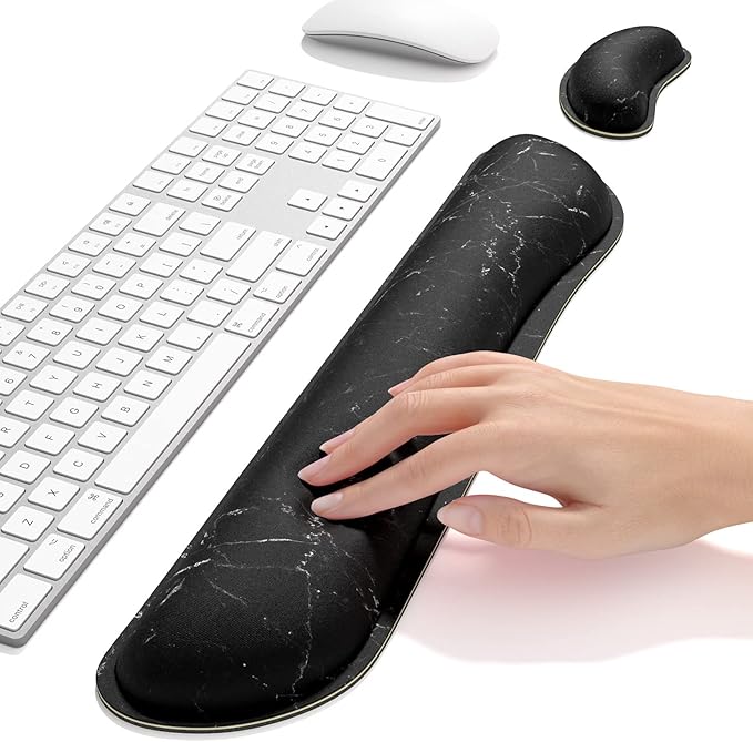 Dapesuom Enlarge Keyboard Wrist Rest, Memory Foam Wrist Cushion for Desk Mats Support, Cute Marble Pain Relief Keyboard Mouse Pad Rests Set with Non-Slip Base for Gaming Laptop Office Computer, Black