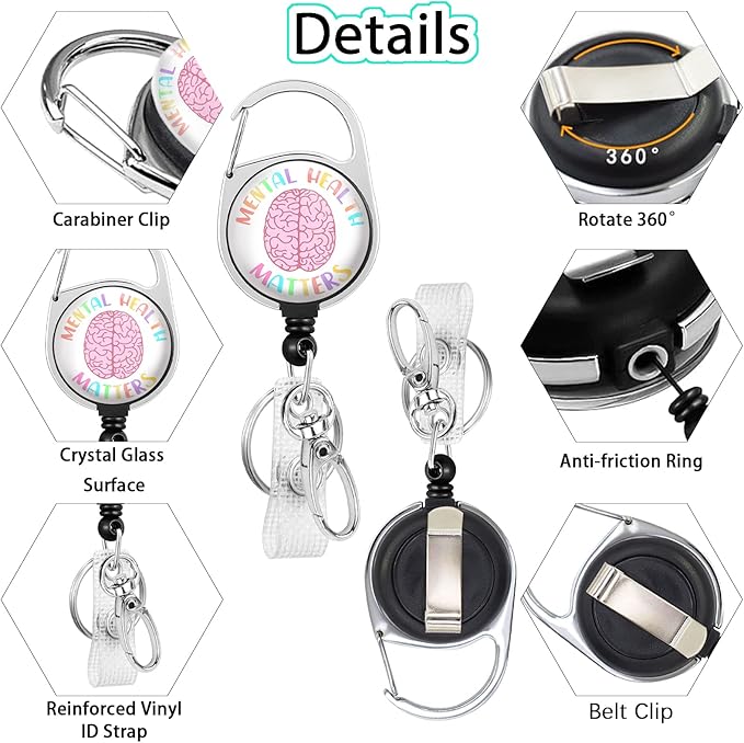 Gctriki Mental Health Matters Badge Reel Retractable Heavy Duty with 360° Swivel Carabiner Belt Clip, Cute Cartoon Brain Nurse Doctor Retractable Keychain ID Clip ID Holder Name Badge Clip