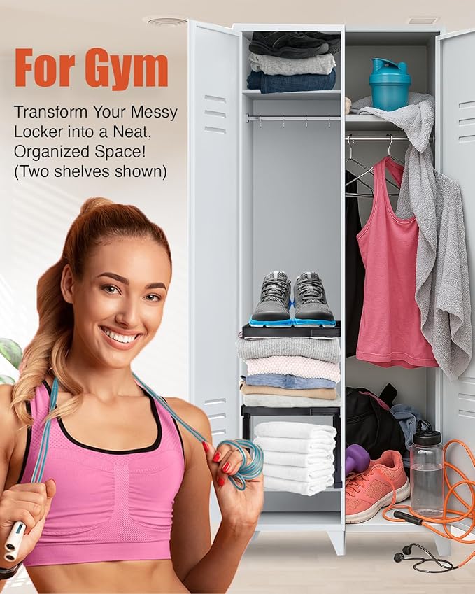 Locker Organizer Shelf， Adjustable Width and Height, Stackable, Ideal Locker Shelf for School, Office, Gym Lockers, or Even Kitchen Cabinets & Under Sink Organization (Black 2 Pack)