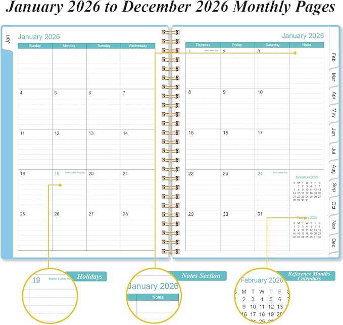 2026 Planner - Weekly and Monthly Calendar Planner from Jan 2026 - Dec 2026, Planner 2026 Spiral Bound with 12 Monthly Tabs, Inner Pocket, Perfect for School Office Supplies, 6.4" x 8.5", Blue