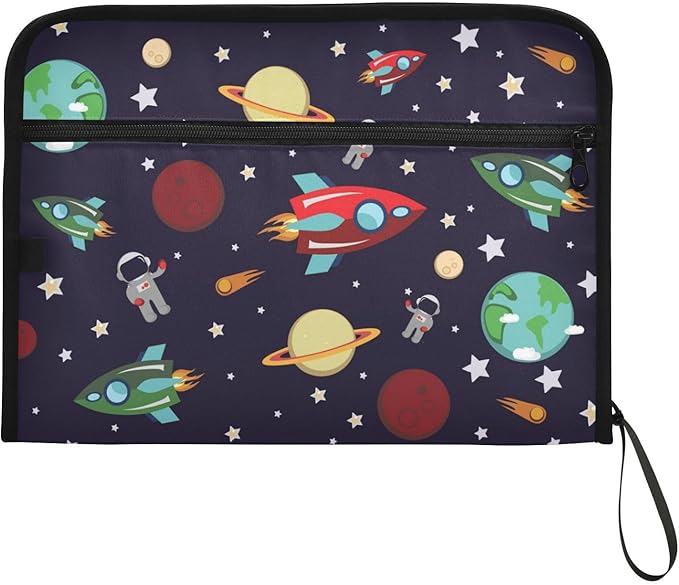 Expanding File Folder - Rocket Planets Star Astronaut 13 Pocket Accordion File Folders with Sticky Labels, A4 Letter Size Paper Document Organizer with Zipper Closure for Office School Boys Girls