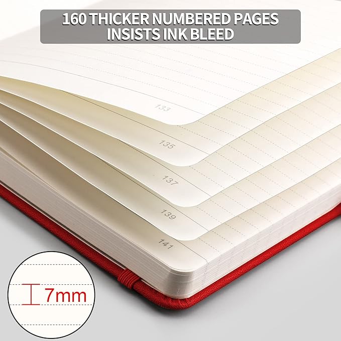 AHGXG Lined Journal Notebook - 320 Numbered Pages A5 College Ruled Notebook Thick Journal for Writing, 100gsm Lined Paper, Leather Hardcover, for Women Men Work Office School, 5.75'' X 8.38''-Red