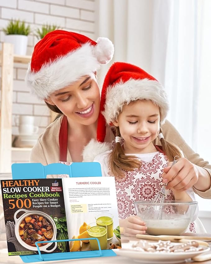 MSDADA Book Stand Metal Reading Rest Book Holder Adjustable Cookbook Documents Holder Portable Sturdy Bookstands for Recipes Textbooks Tablet Music Books with Page Clips (Sky Blue)