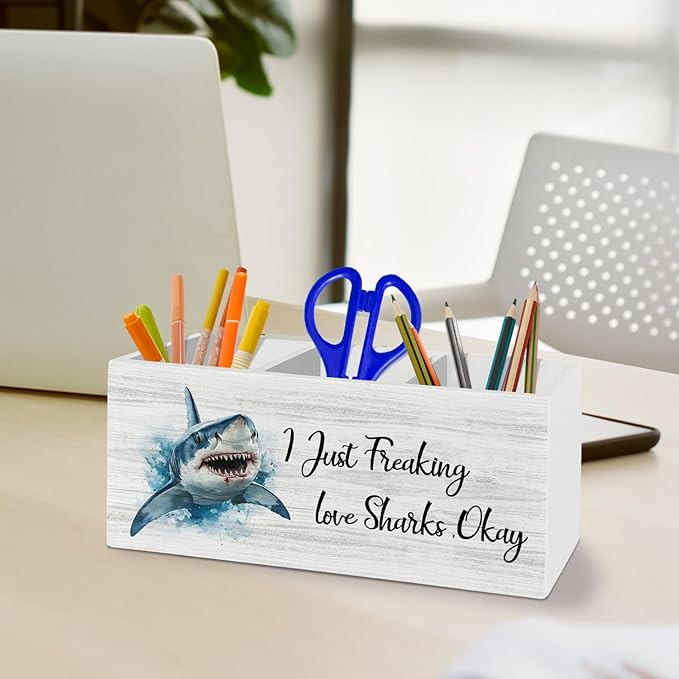 Coastal Beach Shark Pen Pencil Holder Organizer for Desk Accessories, I Just Freaking Love Sharks Okay Wooden Box Sign Desk Decor for Home Office Decoration, Gifts for Shark Lovers