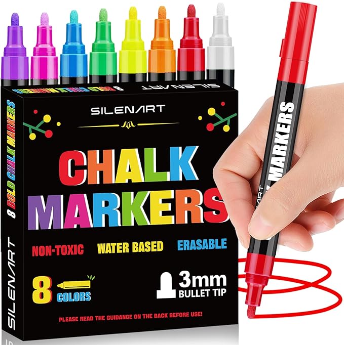SILENART Chalk Markers for Blackboard, Window Marker for Car Erasable Liquid Chalk Pen for ChalkBoard Windows Glass Menu Board - Pack, Multicolor