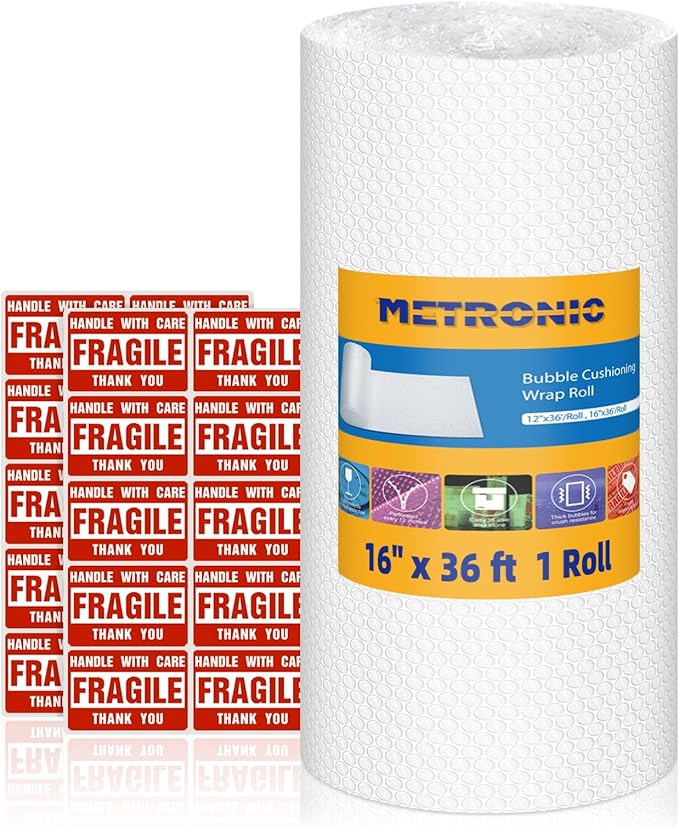 Metronic Bubble Cushioning Wrap 16 Inch x 36 FT, Dense Bubble Packing Air Wrap Clear Bubble Packing Roll for Shipping and Moving Supplies, Perforated Every 12"