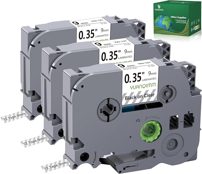 TZe-121 9mm TZe TZ Clear Tape Compatible with Brother P Touch Label Maker Tape TZ-121 TZe121 TZ121 Label Tape 9mm 0.35 Laminated Black on Clear for PT D200 D400 D210 D220 H110 1880, 3-Pack